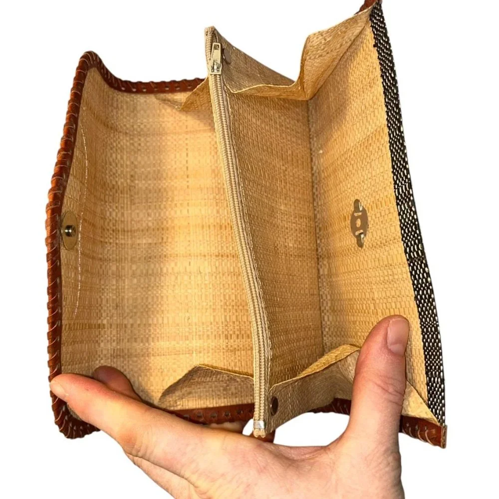 vintage handsome as new tooled leather woven straw wallet